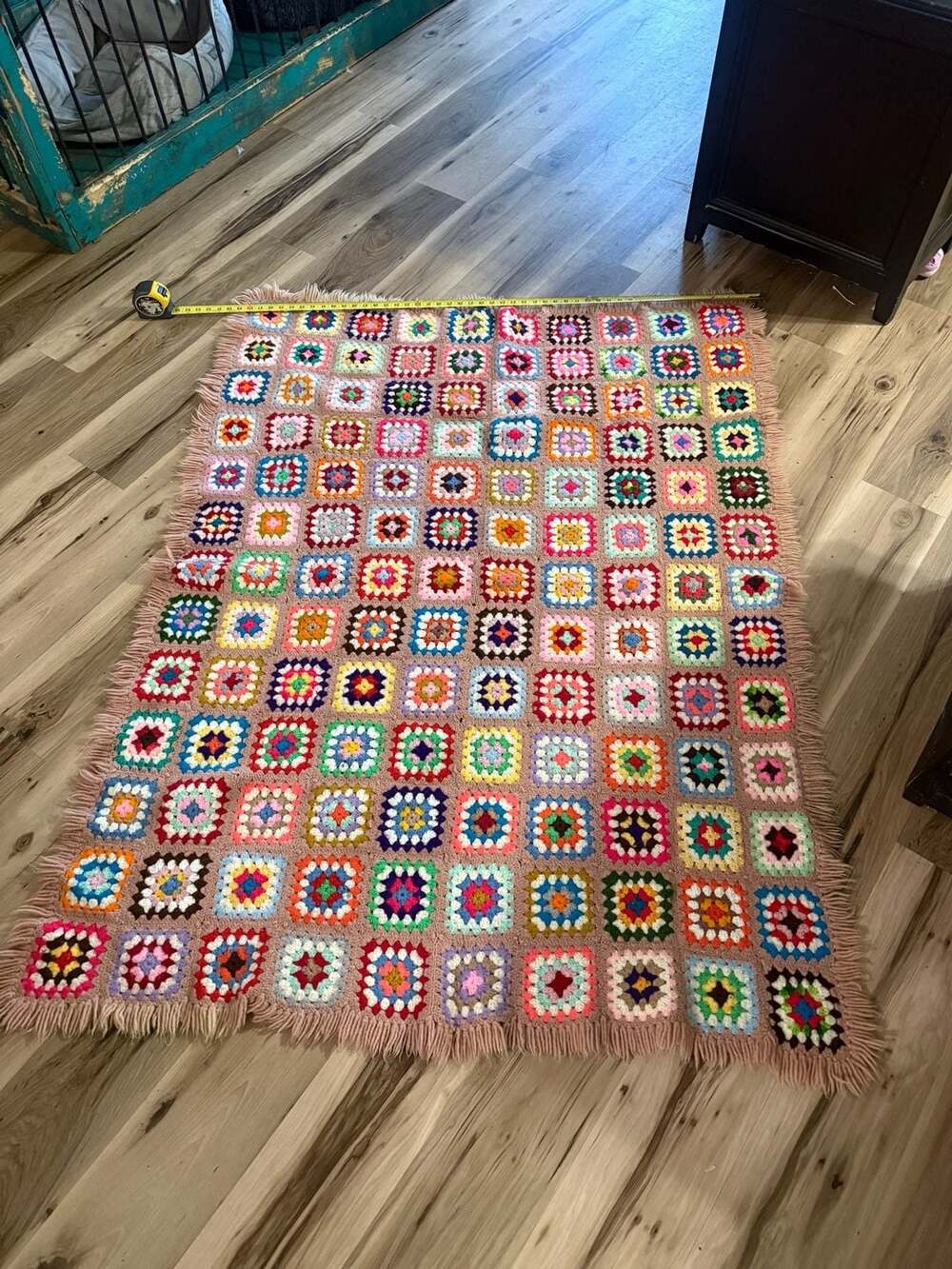 Vintage Handmade Crochet Granny Square Afghan Blanket 48x70 Boho Fringe